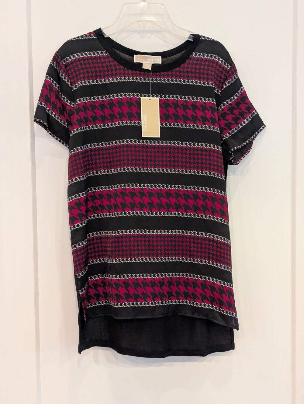 NWT Michael Kors M Blouse Black Magenta Houndstooth Chain Link